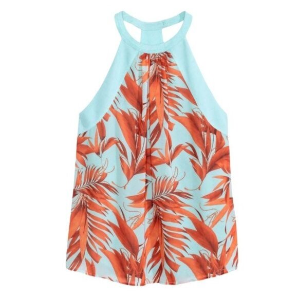 H&M Chiffon Halter Tank Top Tropical Palm Leaf Print Aqua Orange 6 Small - Picture 2 of 10